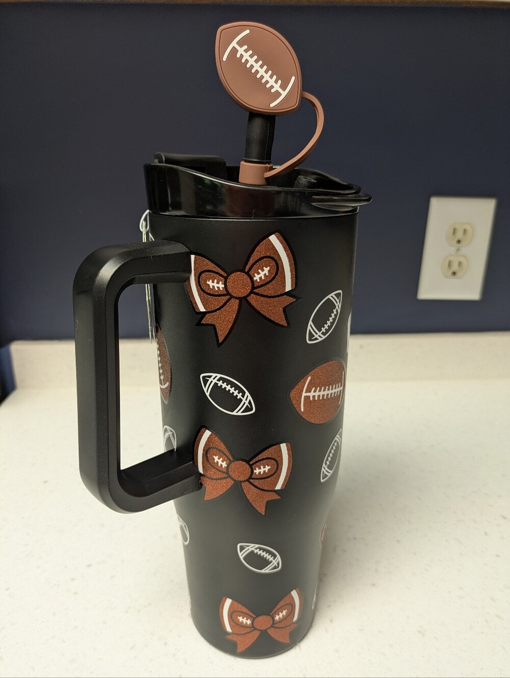 Glittery Football & Bows Print Travel Tumbler with Handle Removable Straw Topper - Picture 12 of 14